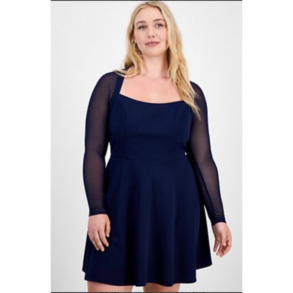 City Studios Navy Blue Square Neck Fit Flare Dress 16W Sheer Sleeve Cocktail